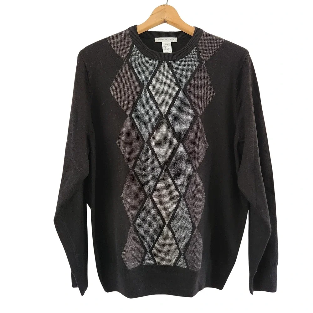 Geoffrey Beene Mens Sweater Black V-Neck Pullover‎ Knit Acrylic Large